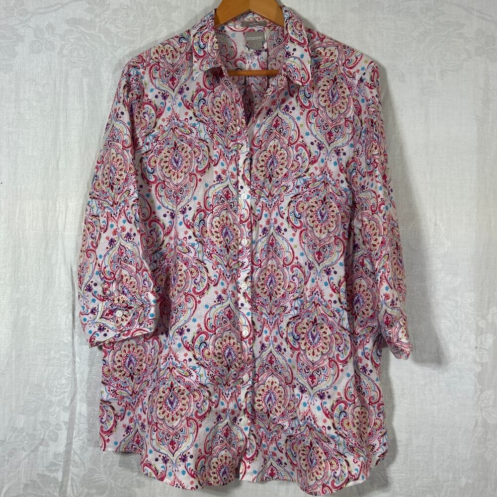 Chicos Button Up 3 XL Pink Paisley 100% Linen Long Line 3/4 Sleeve No Iron